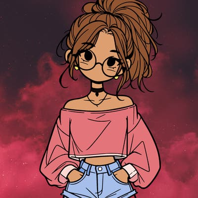 girl with a messy ponytail glasses a baggy crop top and jean shorts