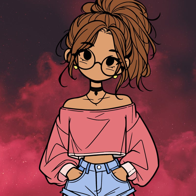 girl with a messy ponytail glasses a baggy crop top and jean shorts