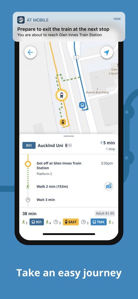AT Mobile 앱 스크린샷에 기차역 출구 알림 및 지도상의 실시간 여정 추적이 표시됨