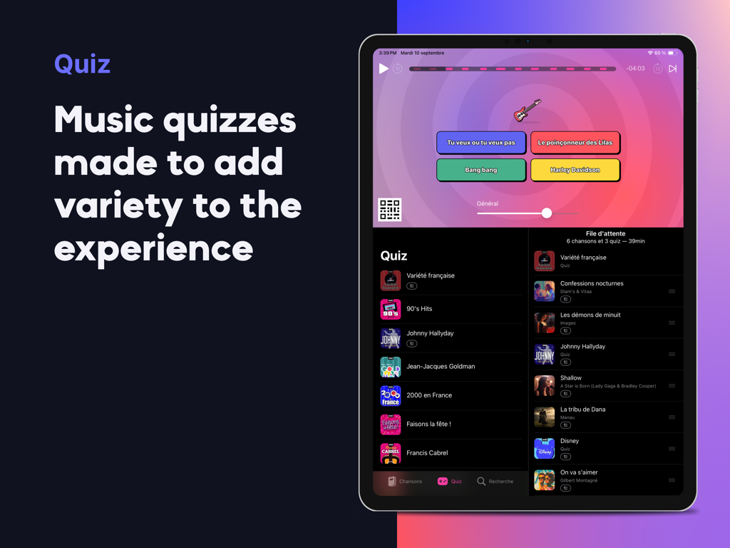 KaraFun Business - Interfaz de la función de trivia musical de la aplicación KaraFun Business en una pantalla de iPad.