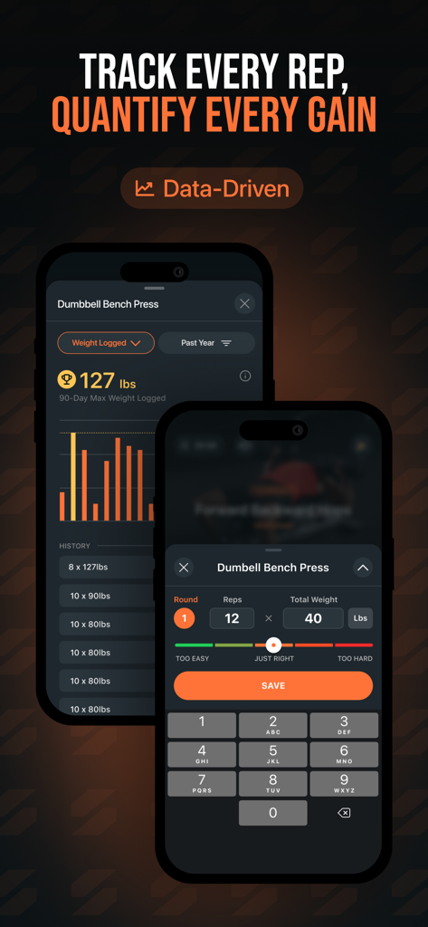 SHRED: Gym & Home Workouts - Benutzeroberfläche der SHRED-App, die Trainingsprotokolle und ein Fortschrittsdiagramm für Gewichtheben anzeigt.