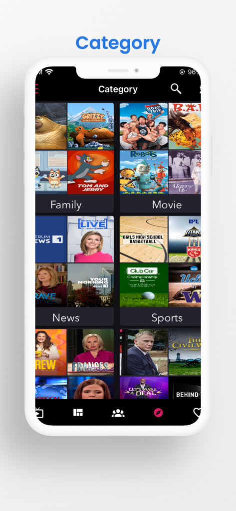 Interface do aplicativo USA TV Guide exibindo categorias de programas para notícias de filmes familiares e esportes com miniaturas de canais.
