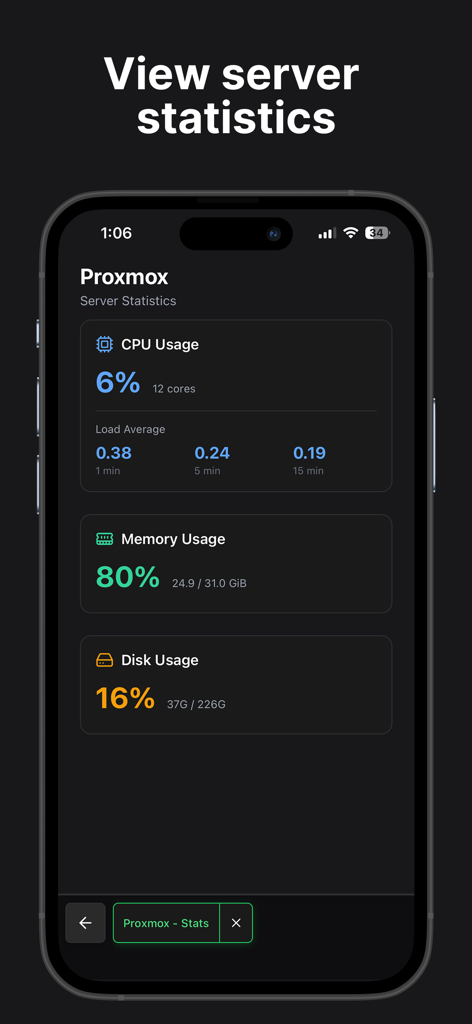 Termix - SSH Companion - Interface of Termix app displaying real-time server statistics for CPU memory and disk usage