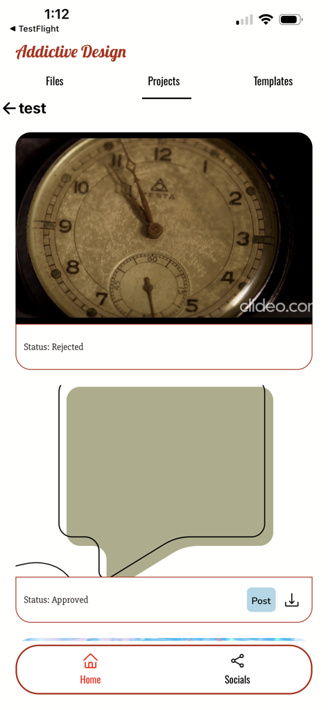 Addictive Design - Interface of the Addictive Design app showing social media content projects with approval and rejection statuses