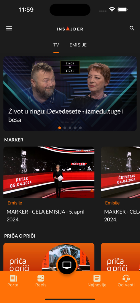 Insajder - Interface of the Insajder news app featuring investigative journalism programs and TV shows.