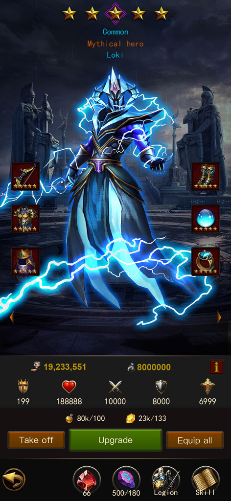 Road of Kings - Endless Glory - Mythical hero Loki character upgrade screen with 5-star rating and lightning effects
