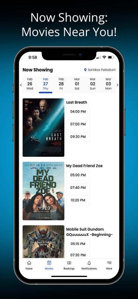 Santikos - Movies & Rewards - Interface de l'application Santikos affichant les horaires des films et les affiches des films à venir.