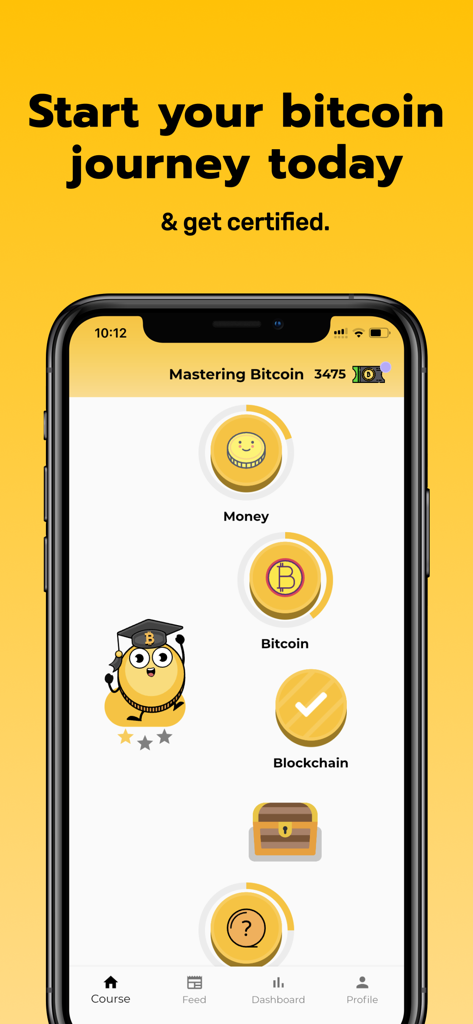 Simple Bitcoin: Learn & Earn - インタラクティブなモジュールと卒業マスコットを備えた、Mastering Bitcoinコースパスを表示するスマートフォンの画面。