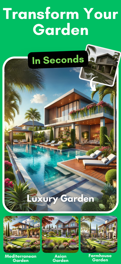 AI Garden Design: AI Landscape - AI Garden Design app interface showing a luxury pool landscape transformation and multiple design styles like Mediterranean and Asian.