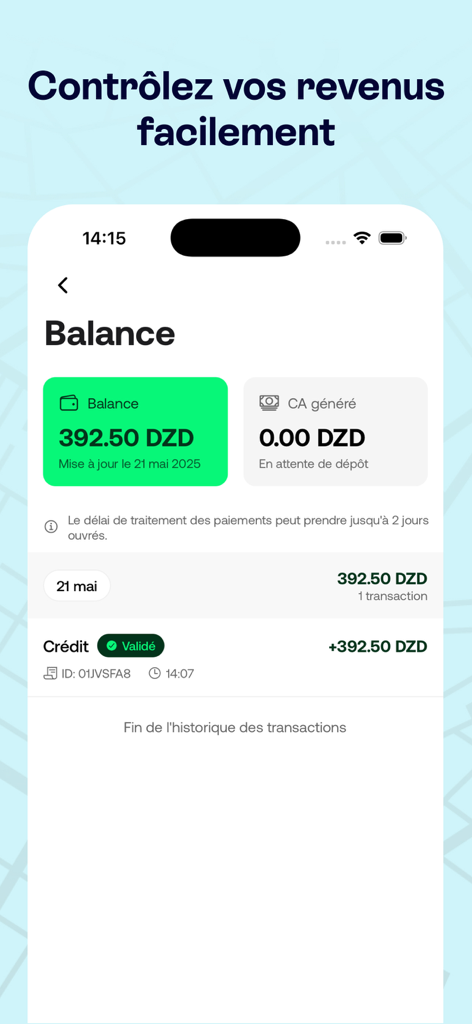 Fast Riders - Dashboard of the Fast Riders app showing the driver earnings balance and transaction history