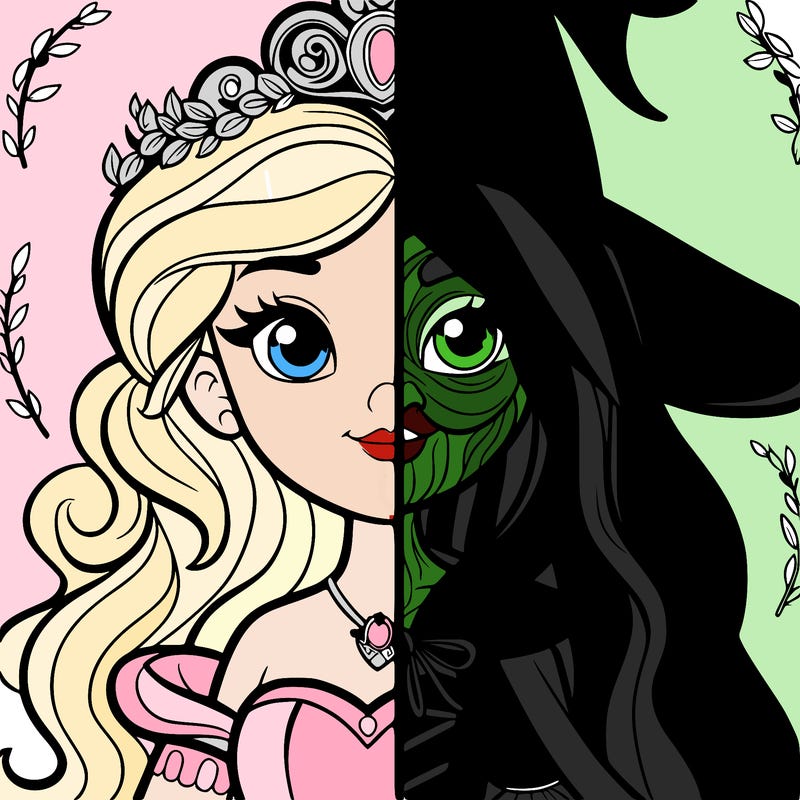 detailed realistic split of a princess and a witch