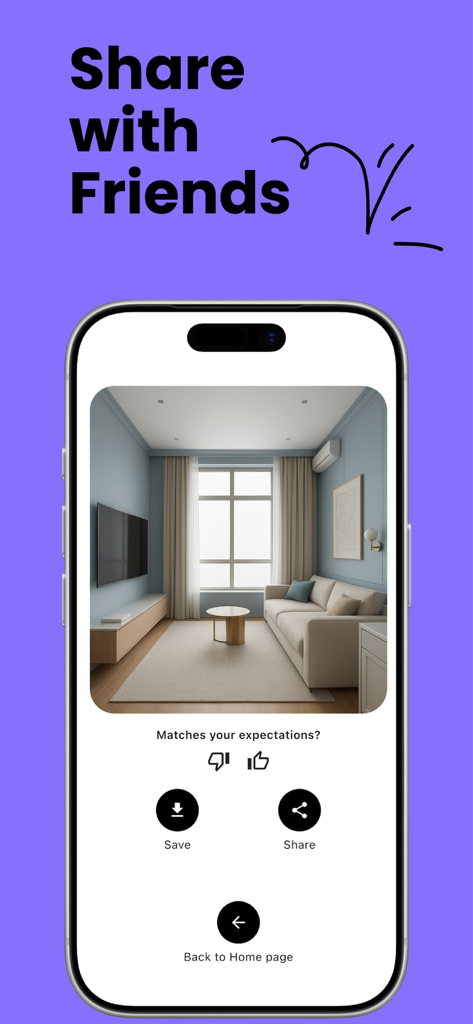 AI Home Design: Visura - Uno schermo di un'app mobile che mostra un progetto di design d'interni condiviso per un soggiorno moderno con opzioni per salvare o condividere.