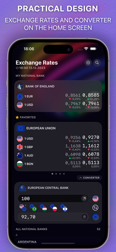 BankOf - Currency Exchange - BankOf app interface showing official exchange rates and a currency converter tool.