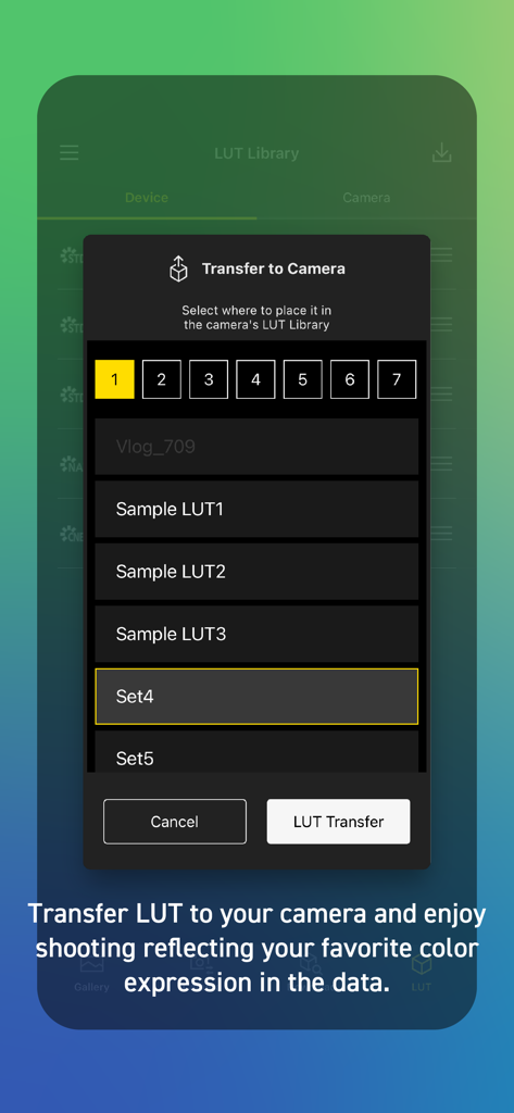 Panasonic LUMIX Lab - Panasonic LUMIX Lab app screen showing the LUT transfer to camera feature