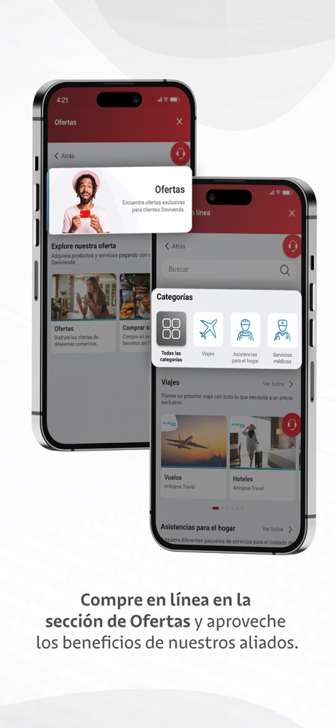 Davivienda mobile app interface showing online shopping offers and partner categories like travel and home assistance