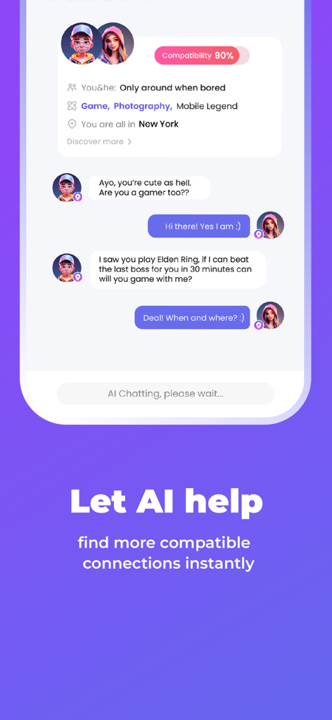 PopUpアプリのインターフェース。互換性スコア90％と、ゲーミングの興味について2人のユーザー間のAI支援チャットが表示されています。