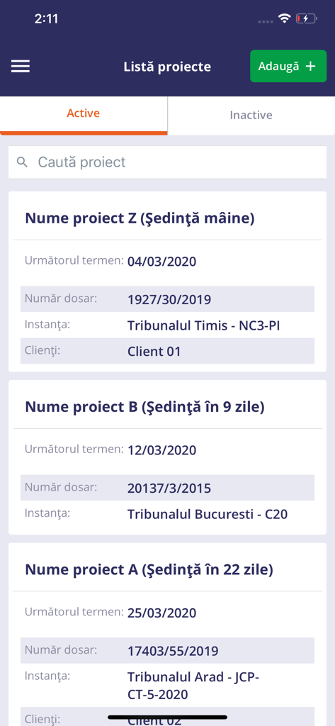 Monitor Dosare mobile app dashboard showing a list of active legal projects with case numbers and court dates.