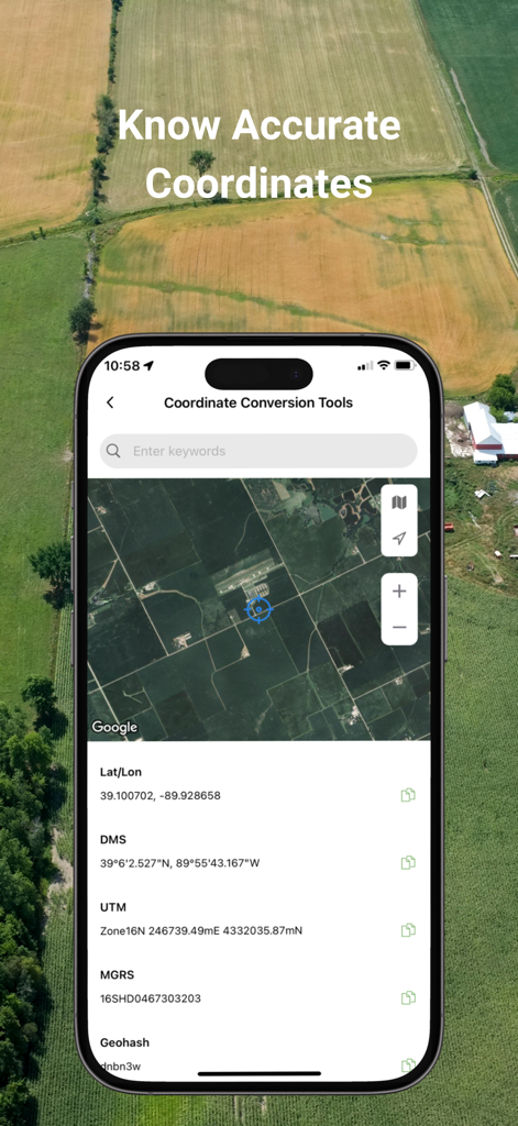 GPS Area Measure: GLandGo - Interfaz de la aplicación GLandGo que muestra múltiples formatos de coordenadas como UTM y MGRS para topografía profesional de terrenos