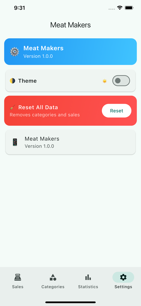 Meet Makkers - Meat Makers app settings screen with theme toggle and data reset options.
