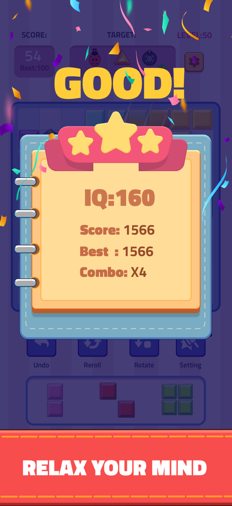 Block Joy - A result screen from the Block Joy puzzle game showing an IQ score of 160 and the message Relax Your Mind.