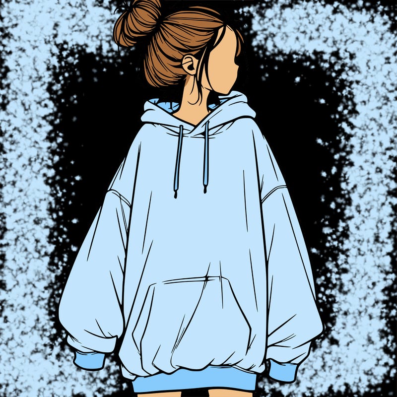 realistic girl with a oversized sweatshirt on and a bun