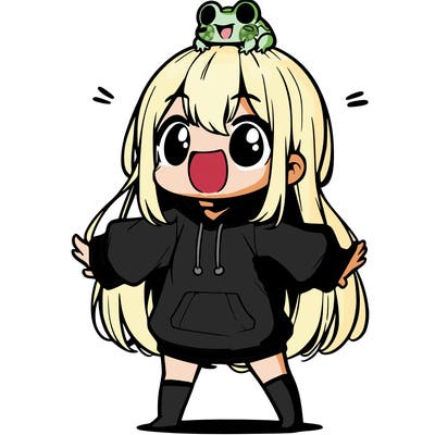 a excited chibi girl whith long hair and a baggy shirt whith a frog on there head