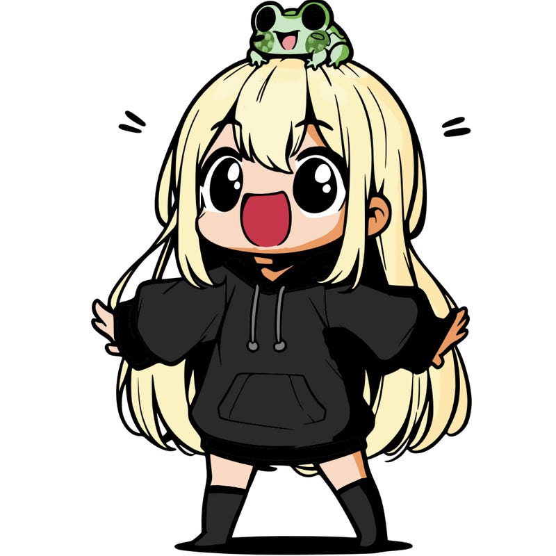 a excited chibi girl whith long hair and a baggy shirt whith a frog on there head
