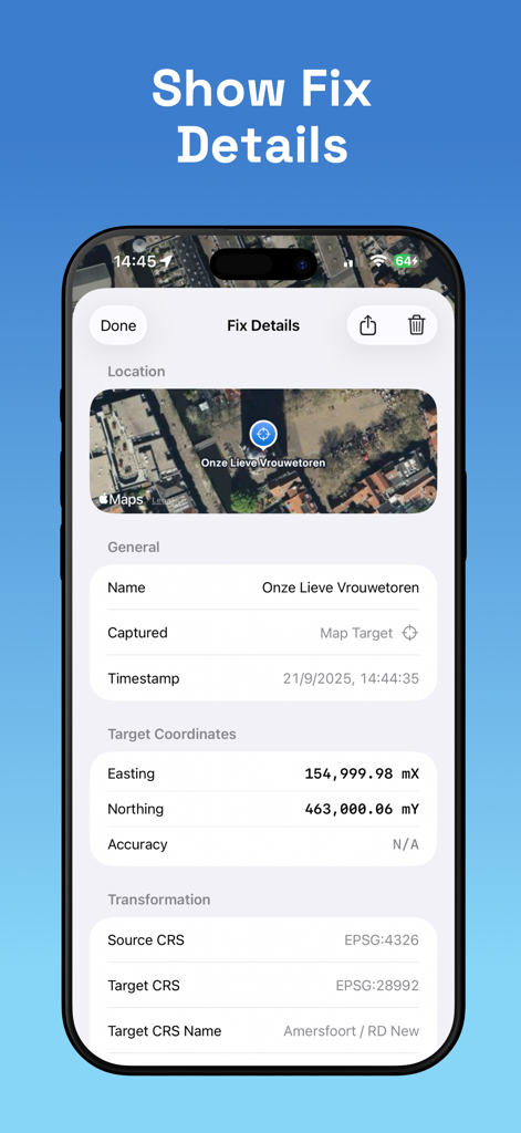 GPS Converter - CoordFix - Vista detallada de coordenadas en la aplicación CoordFix que muestra la estimación, la latitud y los datos de transformación CRS