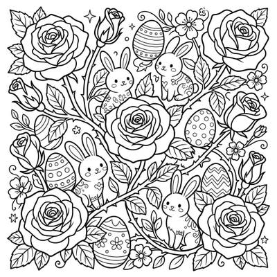 Dive into the enchanting world of spring with this unique coloring page, blending the classic beauty of roses with the cheerful spirit of Easter. Discover playful bunnies, ornate eggs, and elegant blooms, all ready for your vibrant imagination to bring them to life.
