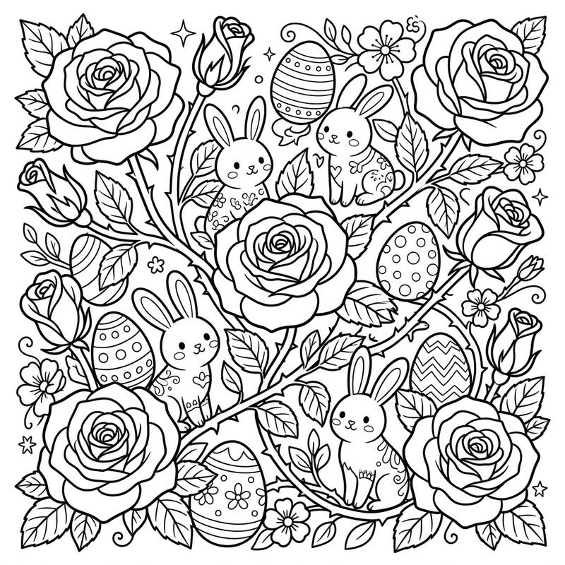 Dive into the enchanting world of spring with this unique coloring page, blending the classic beauty of roses with the cheerful spirit of Easter. Discover playful bunnies, ornate eggs, and elegant blooms, all ready for your vibrant imagination to bring them to life.