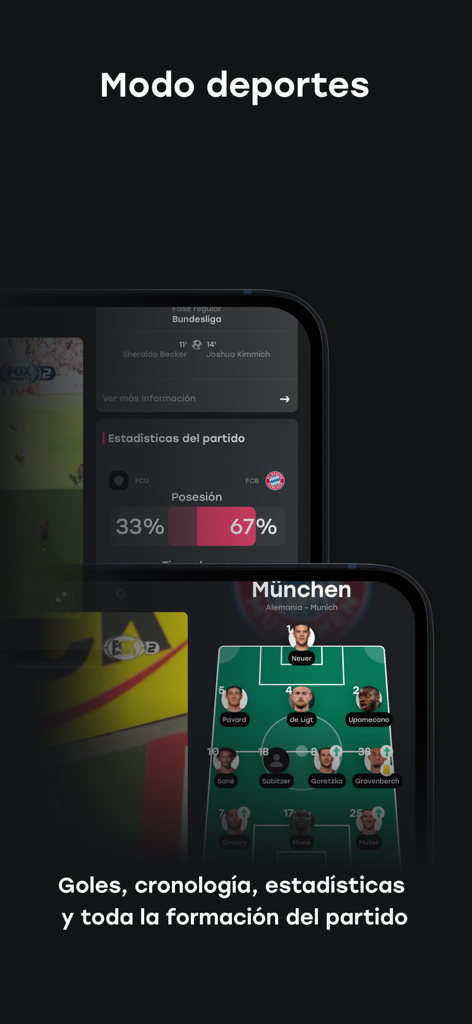 Interface du mode sport de l'application Zapping affichant les statistiques de matchs de football en direct et la composition des joueurs