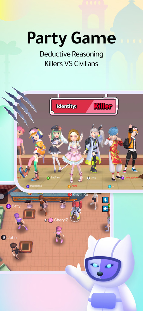 WePlay app screenshot showing a lineup of customized avatars in a social deduction game mode