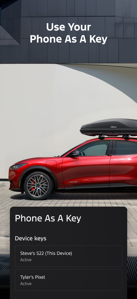 Interfaz de la aplicación Ford que muestra las llaves digitales para un vehículo Mustang Mach-E rojo