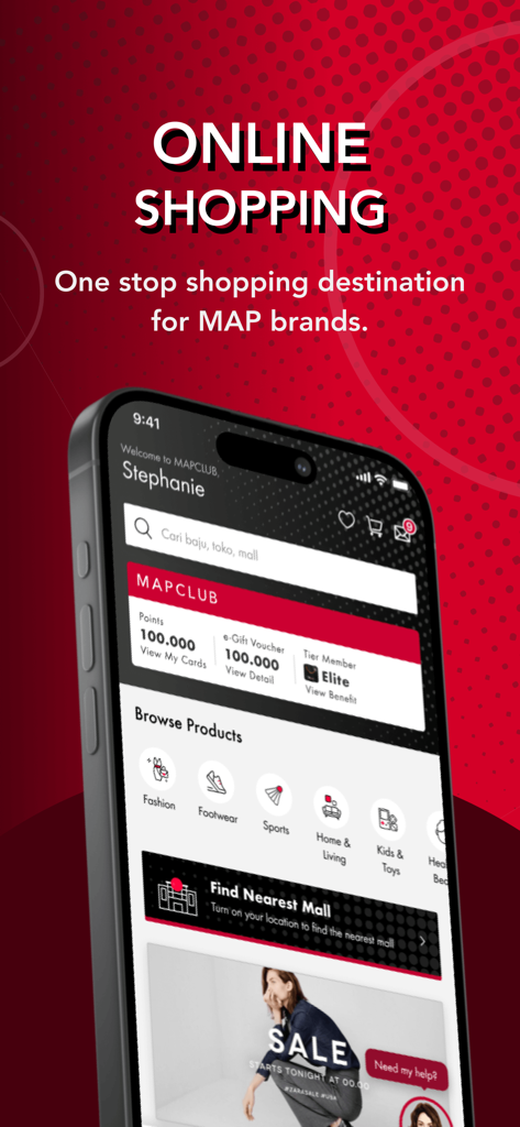 MAPCLUB - Smartphone screen showing the MAPCLUB app interface with online shopping categories and loyalty points dashboard.