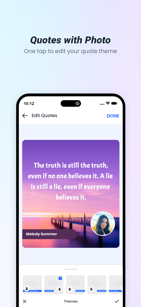 Quotes with name and photo - Interfaccia dell'app Quotify che mostra una citazione sulla verità su una foto del tramonto con branding personale