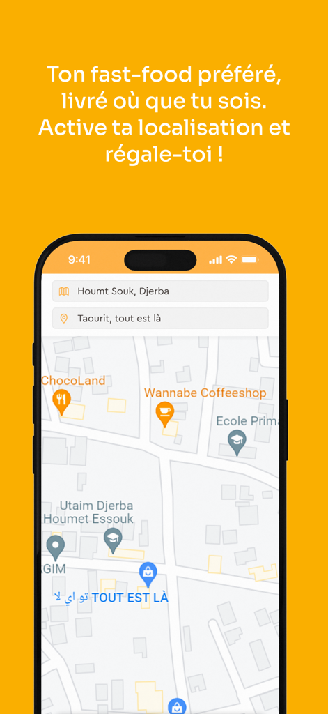 FlyFood - FlyFood mobile app showing a map with pins for local restaurants and fast food delivery options.