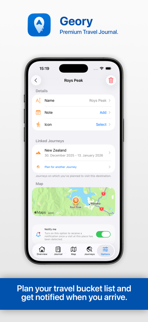 Geory travel journal app interface for planning bucket list trips and receiving arrival notifications