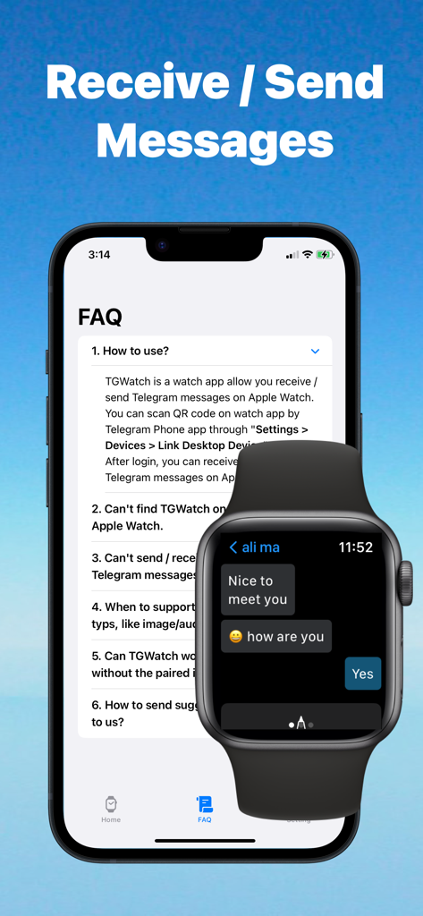 iPhone and Apple Watch showing TG Watch app interface for sending and receiving Telegram messages