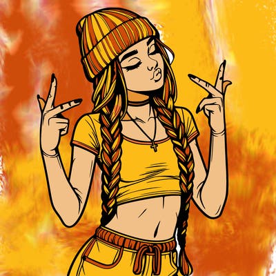 realistic teenage girl with braids and a beanie and crop top doing 🫶🏼