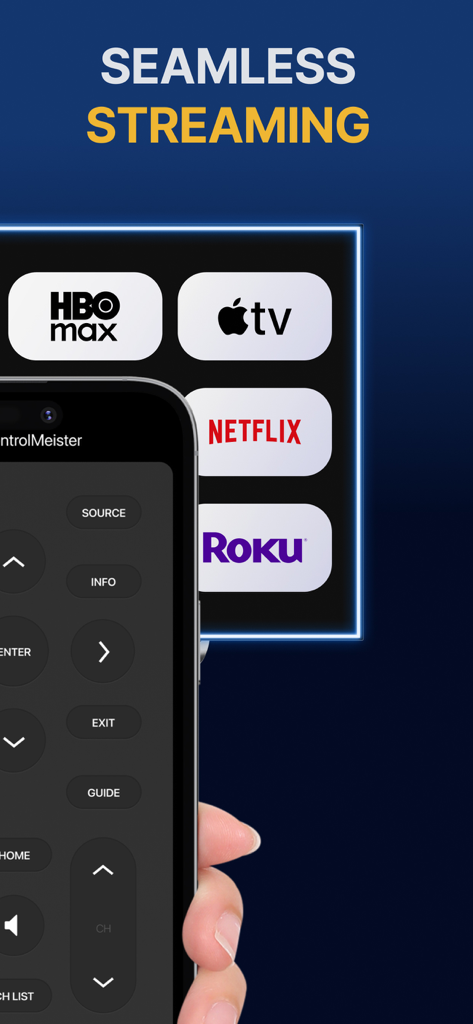 iPhone che mostra l'interfaccia dell'app Samsung Smart TV Remote Plus con pulsanti e icone dei servizi di streaming