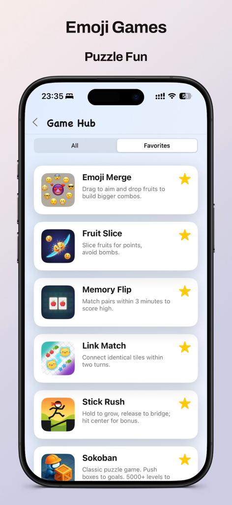 Interface of the MockMoji app showing a list of emoji themed puzzle games in the Game Hub.
