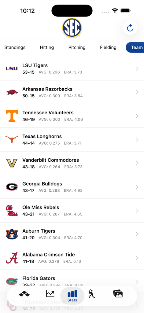 SEC Baseball - SEC Baseball app screen displaying a list of teams including LSU and Arkansas with their win loss records and season statistics