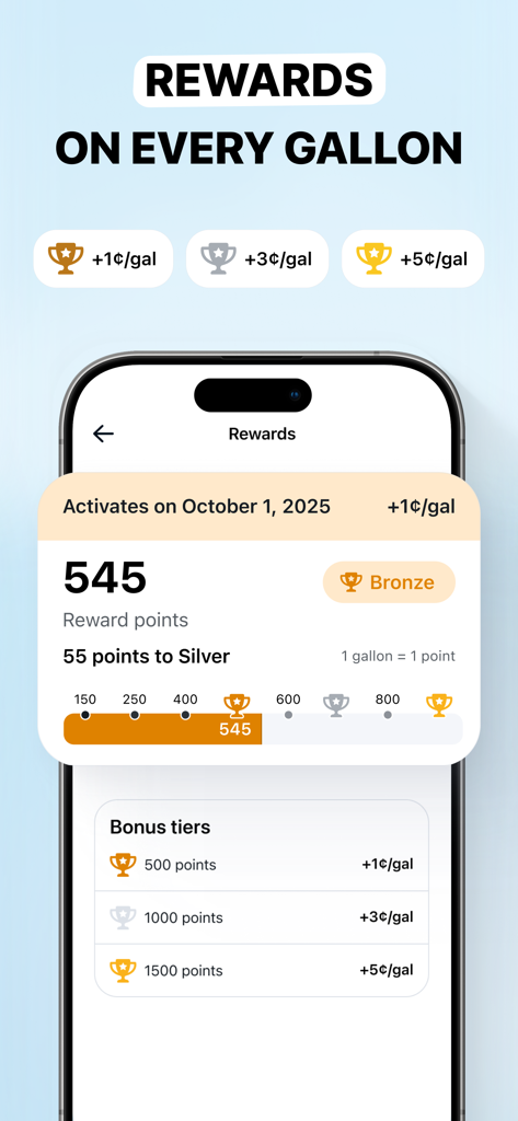 10-4 by WEX - Mobile app interface showing reward points and bonus tiers for diesel fuel savings