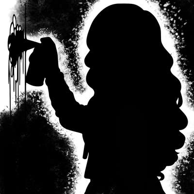 realistic girl with mask spray painting a wall