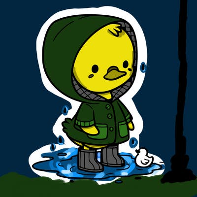 baby duck in a rain coat and boots, in a puddle while it’s raining