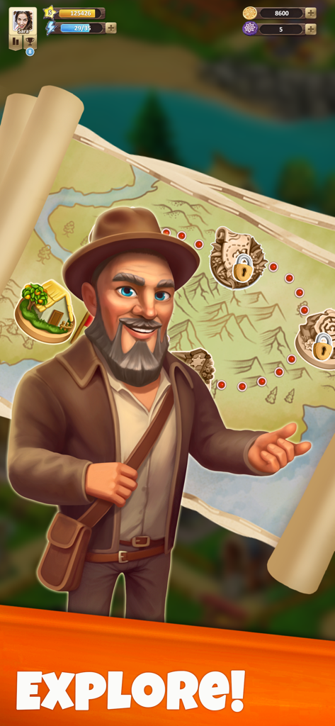 Farland: Adventure Story - Halvard el Barbaclara señalando un mapa del tesoro en el juego de aventuras Farland