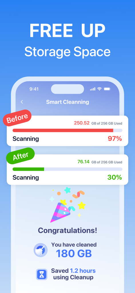 Easy Cleaner app interface showing a comparison of storage space before and after cleaning 180 GB