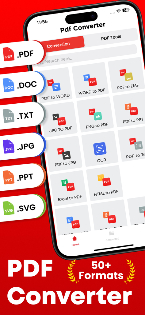 Bildschirm einer mobilen App, der verschiedene Dokumentenkonvertierungsoptionen wie PDF zu Word und JPG zu PDF mit Unterstützung für über fünfzig Formate anzeigt.