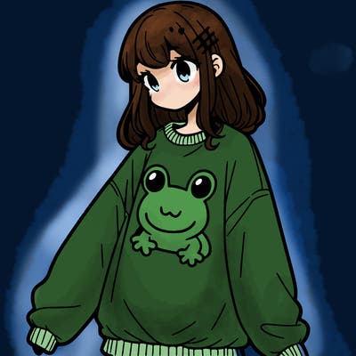 girl wearing frogging sweatshirt