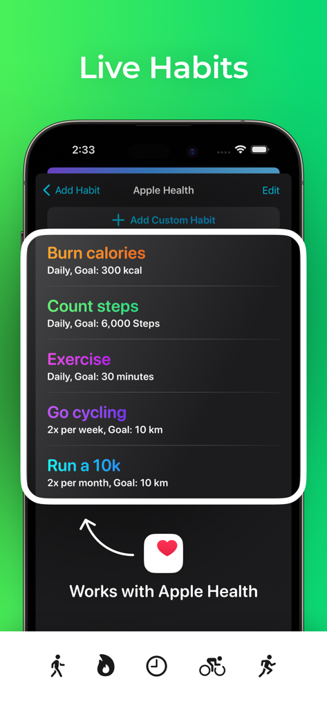 HabitApp: Habit Tracker - HabitApp screen showing health habits like step counting and exercise synced with Apple Health